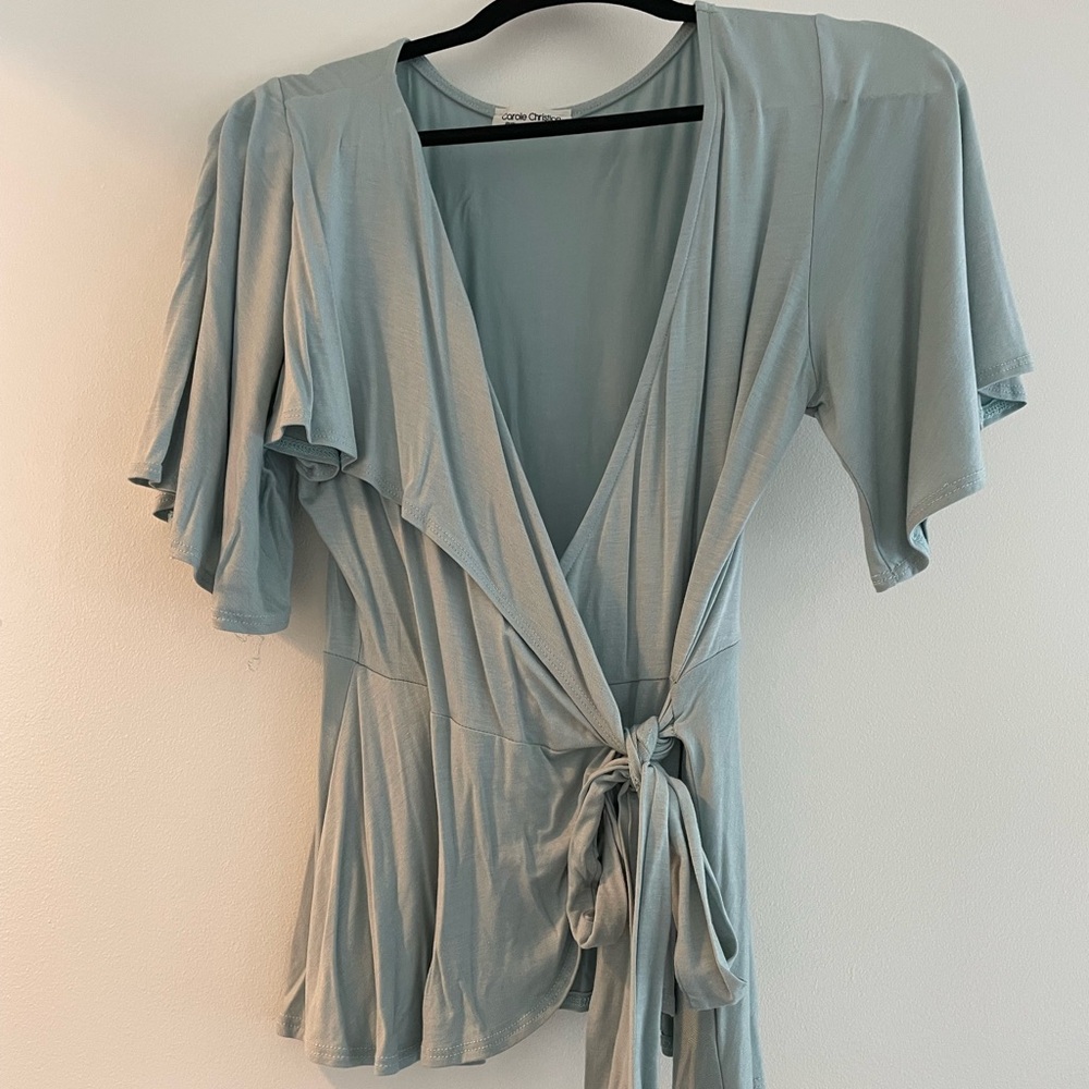 Elegant Light Blue Wrap Blouse